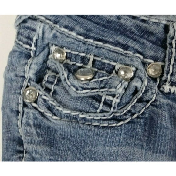 Clash Women's Distressed Whiskered Embroidered Jewel Frayed Cuff Jeans Size 3 - Picture 9 of 11